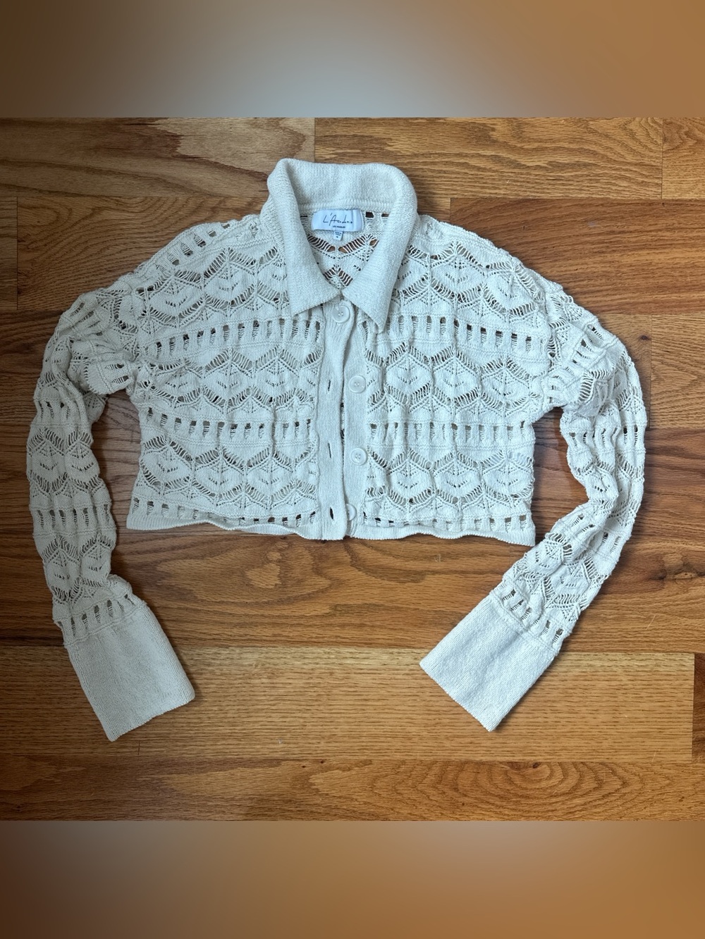 L'Academie Cream Cropped Open-Knit Button Cardigan